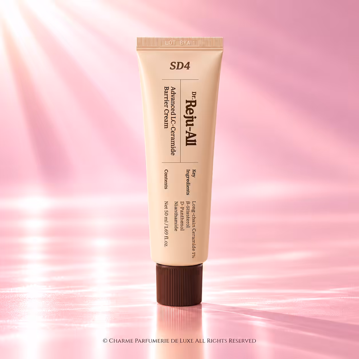 Dr.Reju-All Advanced LC-Ceramide Barrier Cream 50 ml, crema coreana per la barriera cutanea in tubo beige con tappo marrone, packshot luxury K-Beauty di Charme Profumeria.