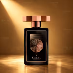 Flacone nero Kajal V Eau de Parfum con tappo geometrico e dettagli color rame, presentato su sfondo dorato di Charme Profumeria.