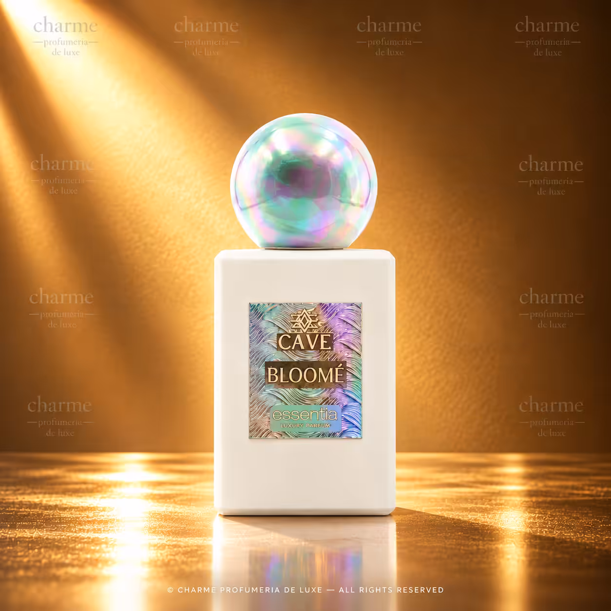 Flacone di Essentia Cave Bloomé Luxury Parfum con tappo sferico iridescente ed etichetta multicolore, fotografato su sfondo dorato per Charme Profumeria.