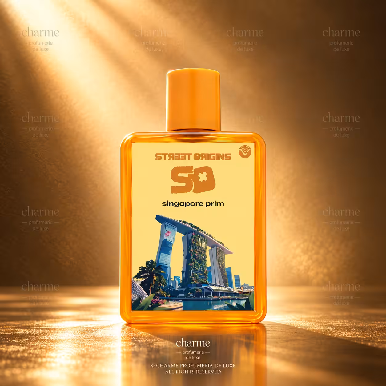 Street Origins Singapore Prim 75 ml, profumo in flacone arancione con immagine di Singapore, packshot luxury Charme Profumeria