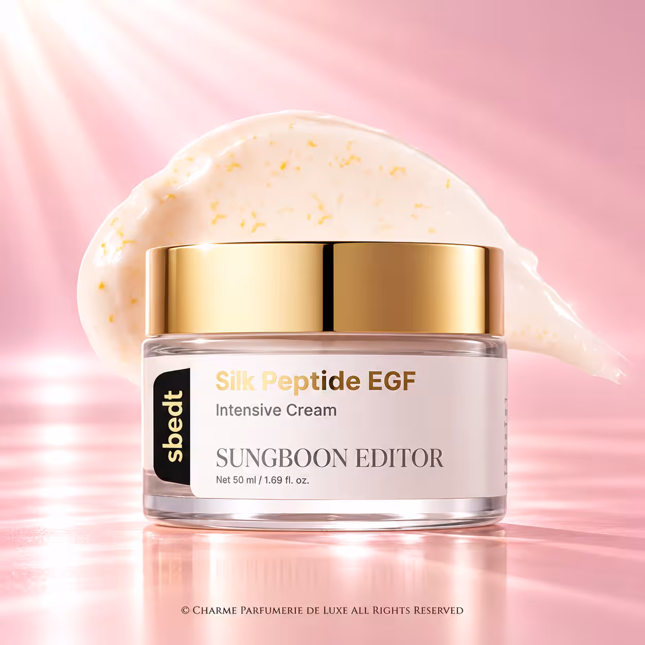 Sungboon Editor Silk Peptide EGF Intensive Cream 50 ml, crema viso coreana in vasetto con tappo dorato e formula con peptidi EGF, packshot luxury K-Beauty di Charme Profumeria.