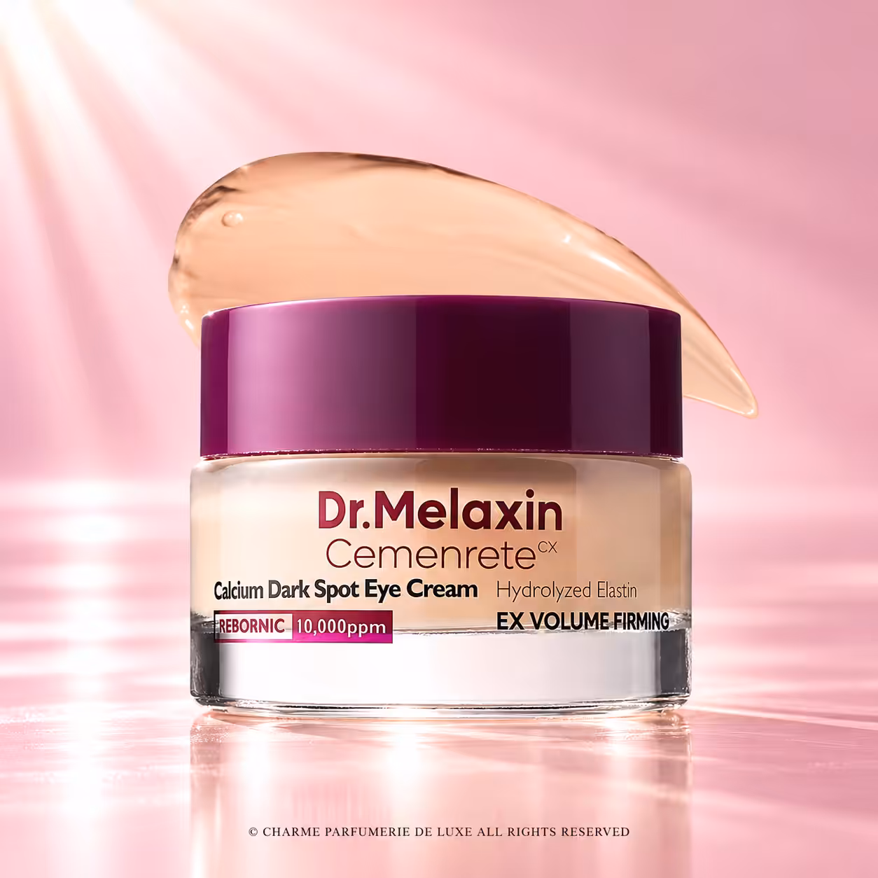 Dr.Melaxin Cemenrete Calcium Dark Spot Eye Cream 15 g, crema contorno occhi coreana in vasetto con tappo viola, Hydrolyzed Elastin e Rebornic 10.000 ppm, packshot luxury K-Beauty di Charme Profumeria.