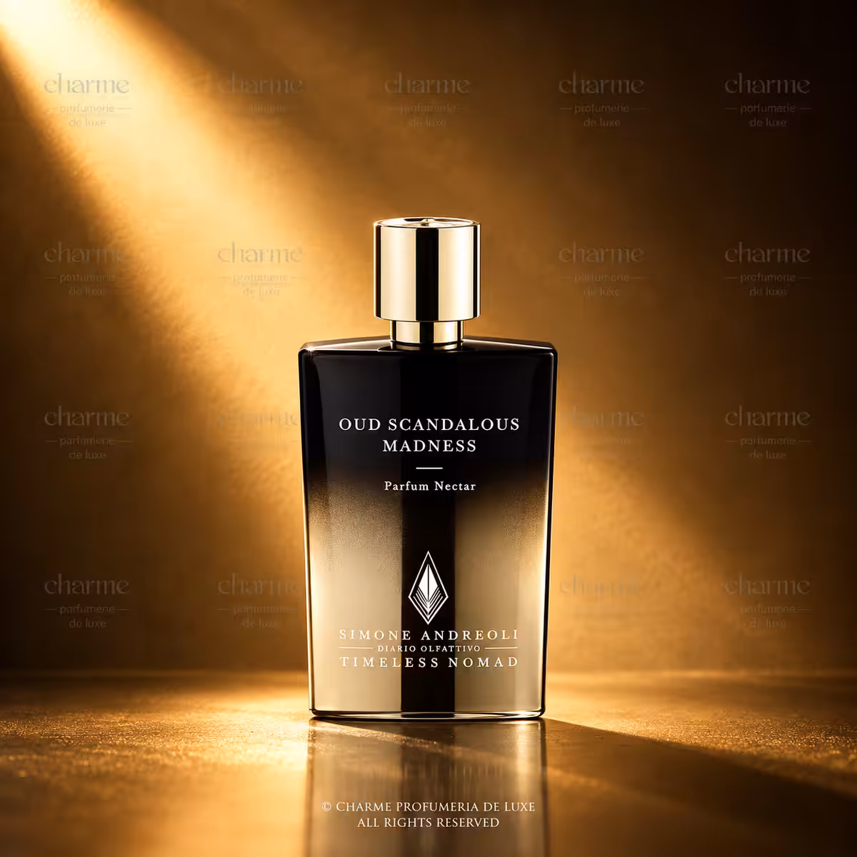 Simone Andreoli Oud Scandalous Madness Parfum Nectar, profumo di nicchia in elegante flacone nero e oro, packshot Charme Profumeria de Luxe