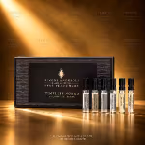 Simone Andreoli Timeless Nomad Discovery Collection, set di profumi di nicchia con sei campioni in formato spray e confezione nera, packshot luxury Charme Profumeria